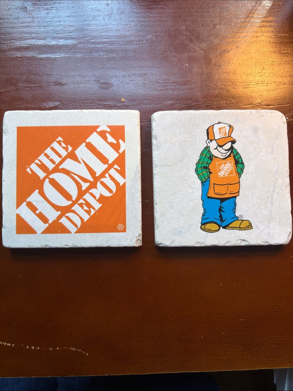 The Home Depot Branded White Stone Coasters with Orange Logo (Set of 2)